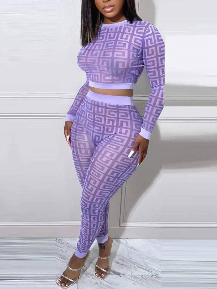 langærmet crop top buksesæt med geometrisk print for engroshandel hos Queen Fashion