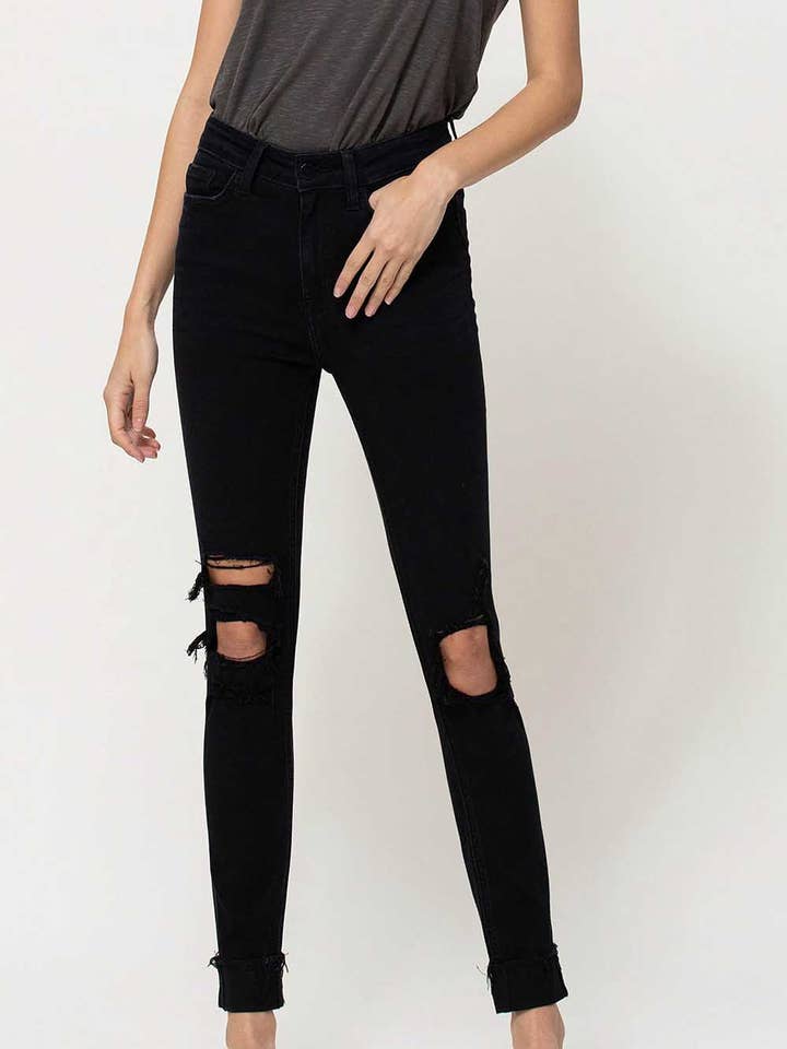 OVER YOU HIGH RISE DISTRESSED FRAYED CUFFED SKINNY JEANS F4081 for wholesale on Faire
