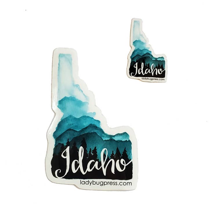 Idaho mountains and trees watercolor sticker for wholesale by Ladybug Press