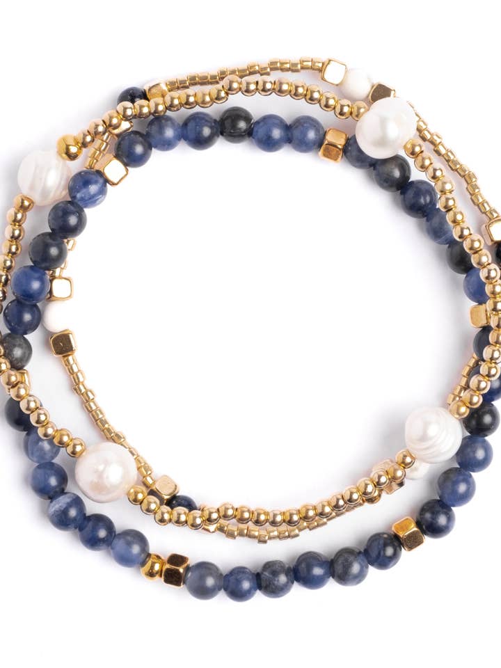 Set/3 Gem and Pearl Miyuki Stretch Bracelets (Lapis Lazuli) for wholesale by Mayana Designs Co