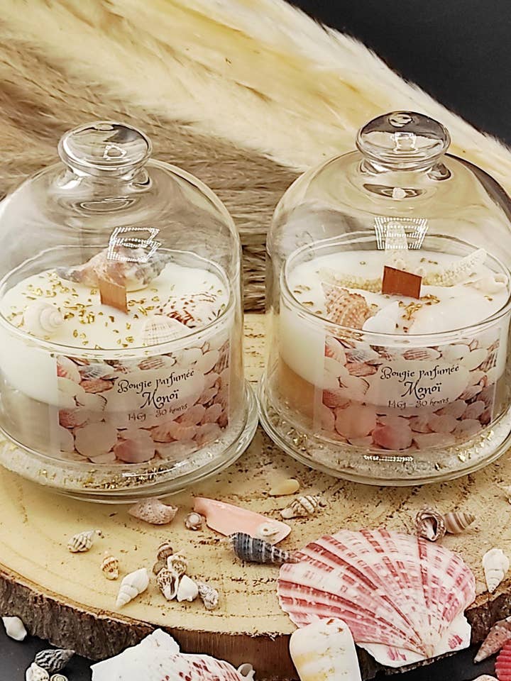 Bougie cloche en verre monoï coquillages pour la vente par LNDECO