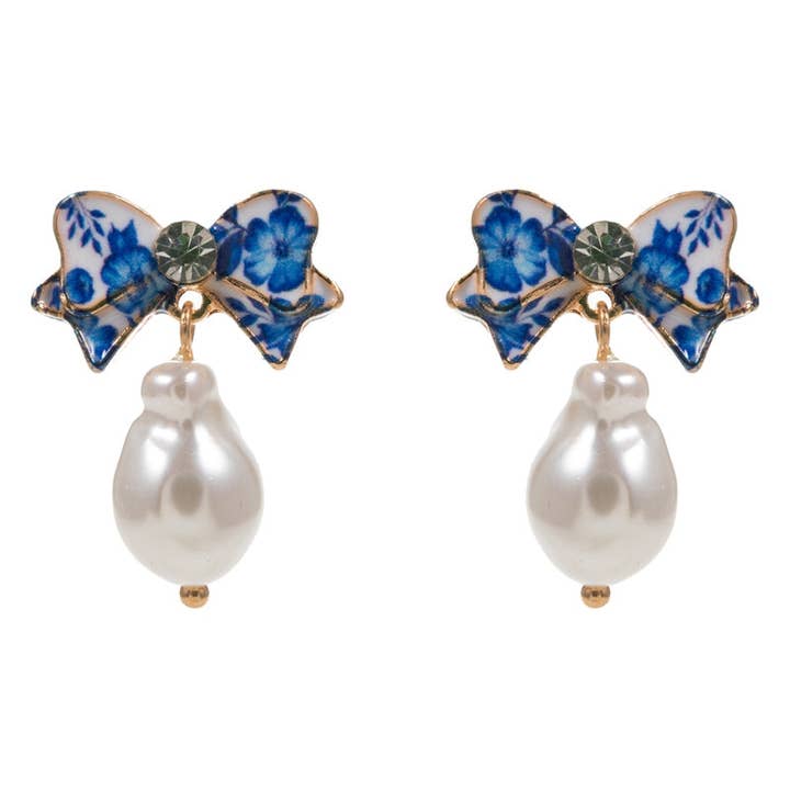 GDBL Flower Enamel Bow W Organic Pearl Post Earrings for wholesale on Faire1