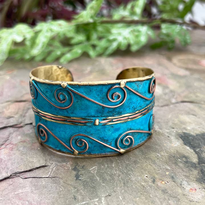 Anju Jewelry - Wholesale Cuff Bracelet - Brass Patina Cuff Bracelet - Turquoise Swirls