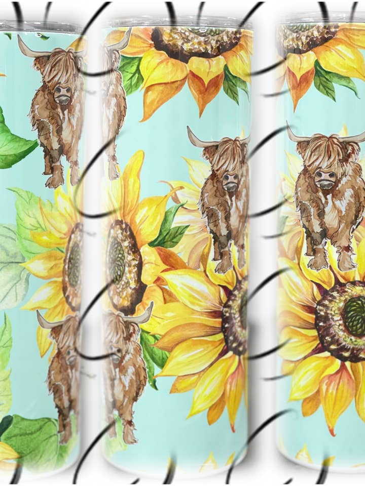 Teal Sunflower Highland Cow 20oz Skinny Tumbler for wholesale by CMD Wholesale