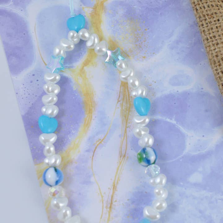 TheMellys - Vente Sangle pour étui à téléphone - Bracelet de téléphone en forme de cœur bleu nacré d'eau douce, chaîne de téléphone Y2K1