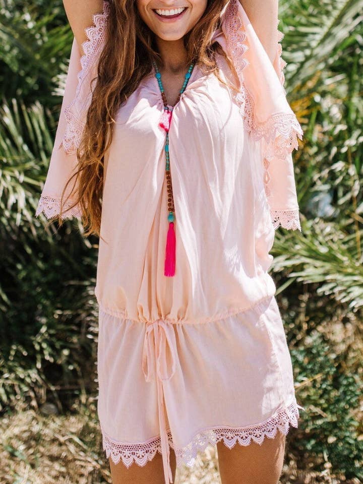 Miss Kitsch - Wholesale Dress - Women's - Peach Summer Short Dress, Tunic, Beach Cover, Boho, Resort Wear, Vacation Wear, Hippie Dress, Loose Sleeves Cancun Dress0