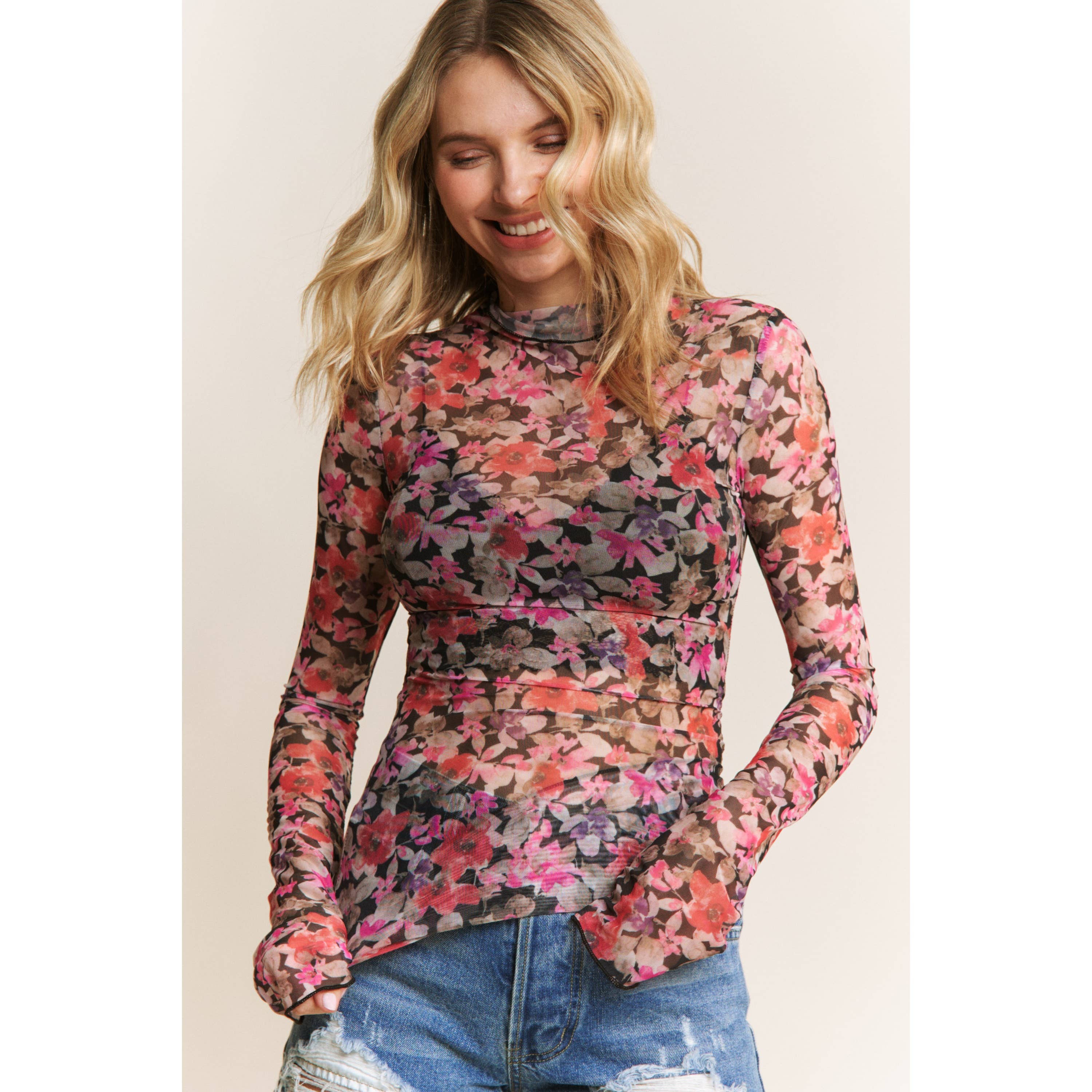Sweet Generis - Wholesale Knit Top - Women's - CUTE FLORAL PRINT MESH HIGH NECK DESIGN LONG SLEEVE FITTED T17
