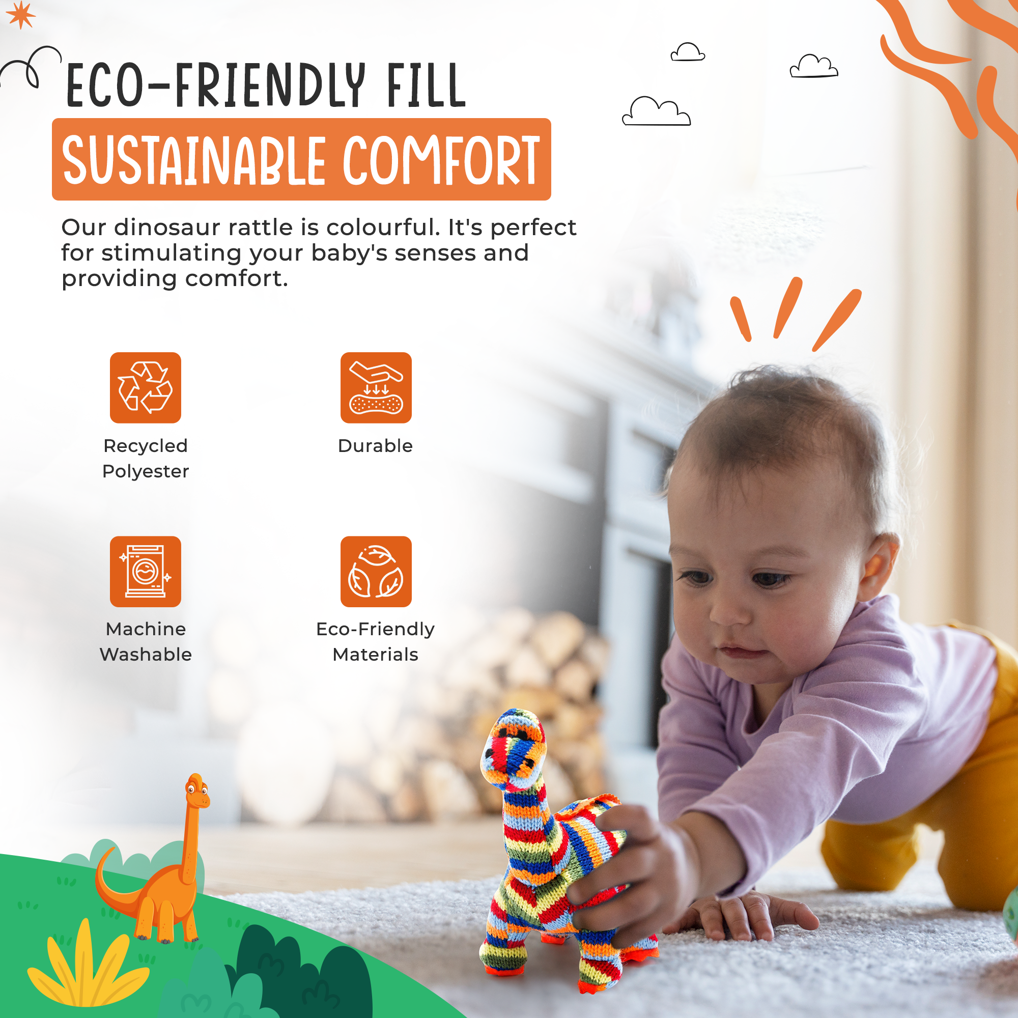 Best Years Ltd – wholesale Handheld rattle – Baby – Knitted Diplodocus Dinosaur Baby Rattle in Rainbow Stripes2