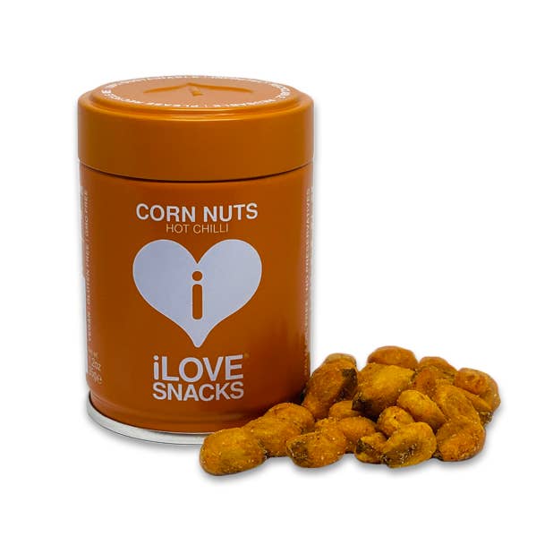 iLOVE SNACKS - Venta al por mayor Frutos secos - Lata de nueces de maíz con chile picante, vegano, sin OGM, sin gluten