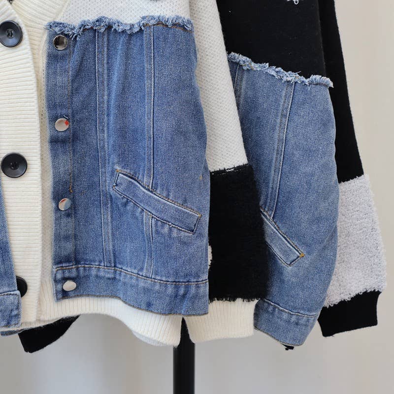Productseeker - Wholesale Knit Top - Women's - JK104 Patchwork Denim Knitted Cardigan Sweater Jacket10