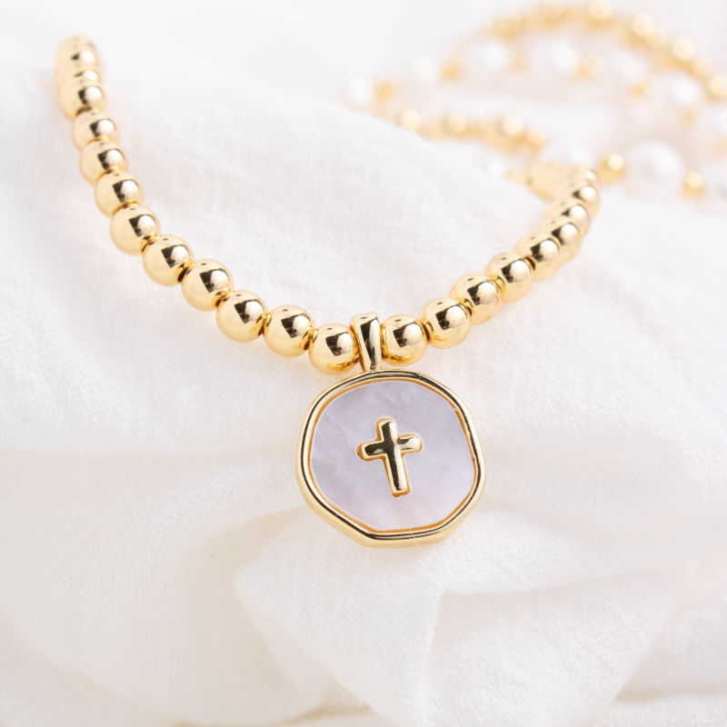 Splendid Iris - Wholesale Charm/Dangle Bracelet - Cross Accented Shell Charm Stretch Bracelet1