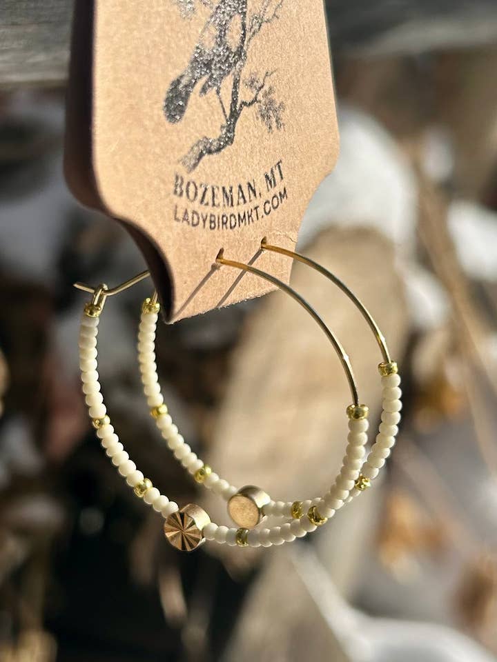 Creamy White & Gold Star Beaded Hoops for wholesale by Lady Bird Market