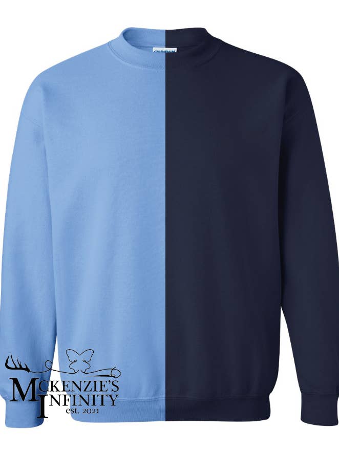 Navy & Carolina Blue Split, Two-Toned, Crewneck Sweatshirt for wholesale by McKenzie’s Infinity LLC