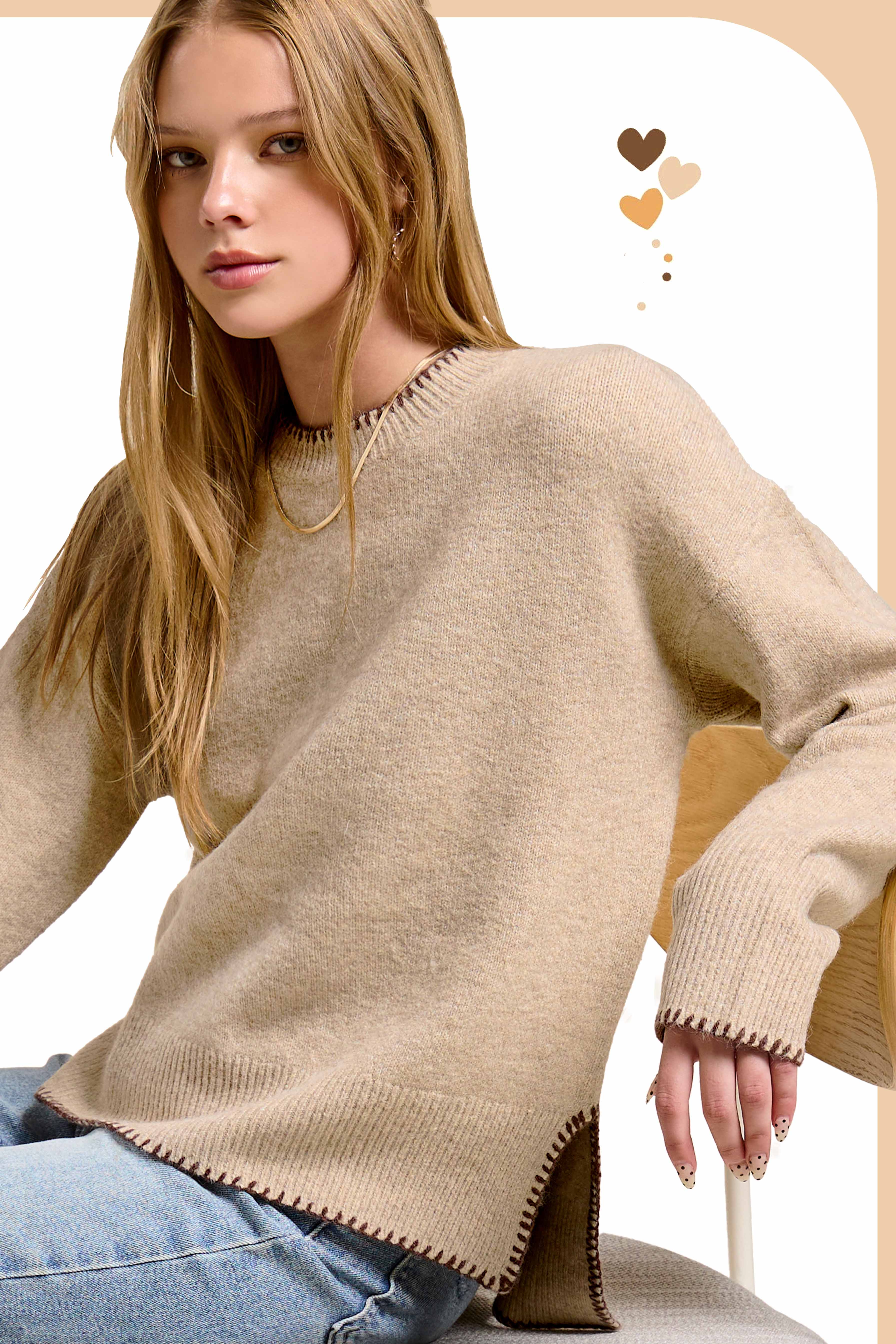 La Miel - Wholesale Knit Sweater - Women's - JDS3607-Hi-Low Crew Neck Sweater W/ Contrast Blanket Stitch11