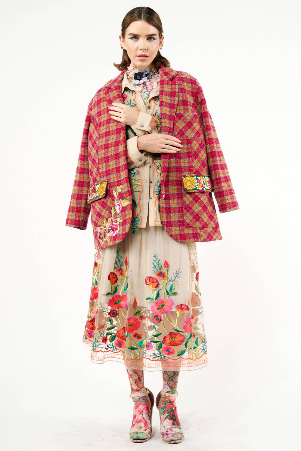 Blu Denim Camicia vintage con ricamo floreale di tulipani in vendita all'ingrosso su Faire27