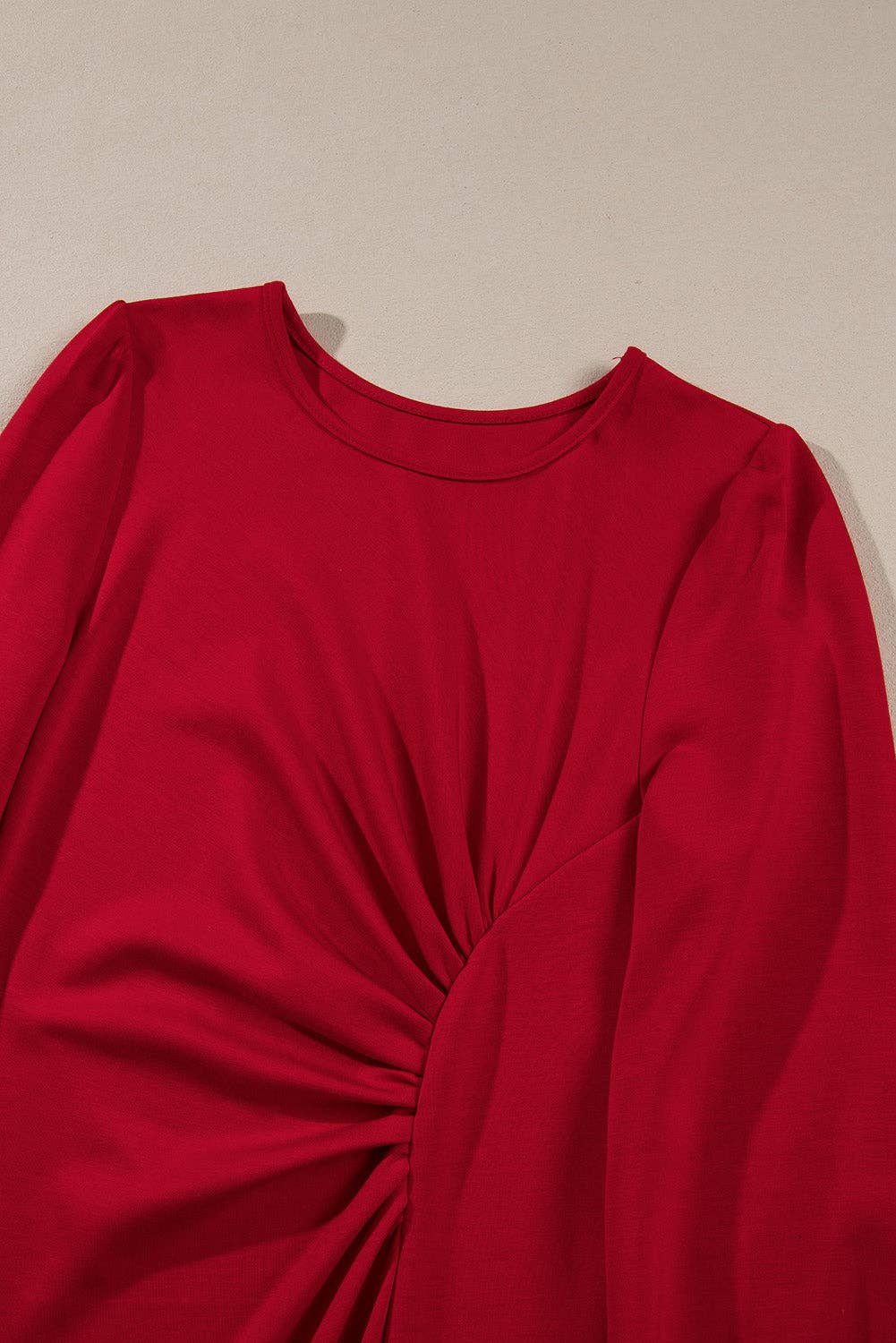Fiery Red Solid Ruched Long Sleeve Midi Dress for wholesale on Faire7