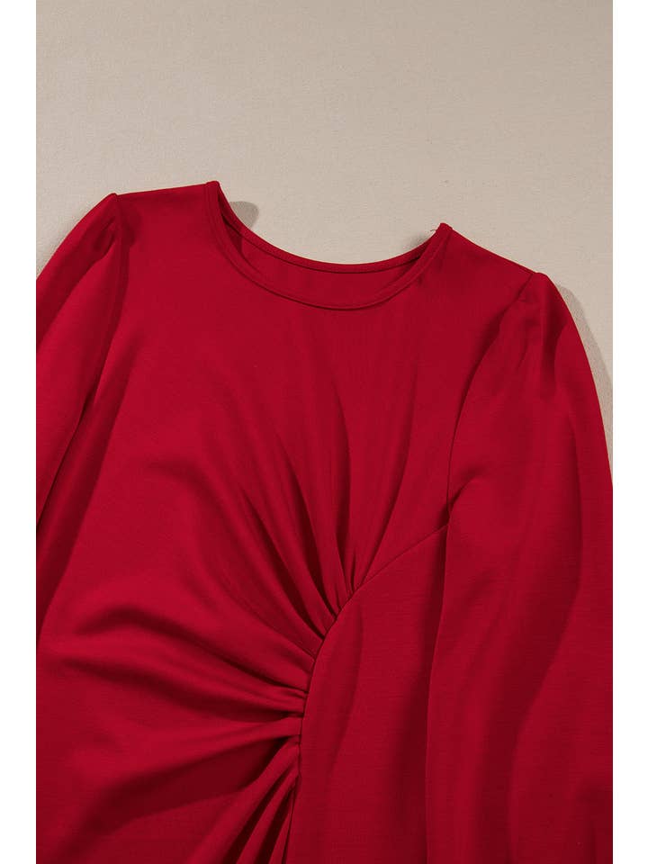 Fiery Red Solid Ruched Long Sleeve Midi Dress for wholesale on Faire7