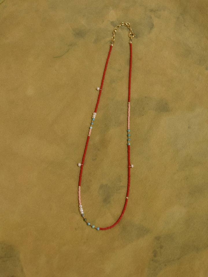 Dainty beaded necklace- in Cherry with turquoise and pearls for wholesale by Freestone
