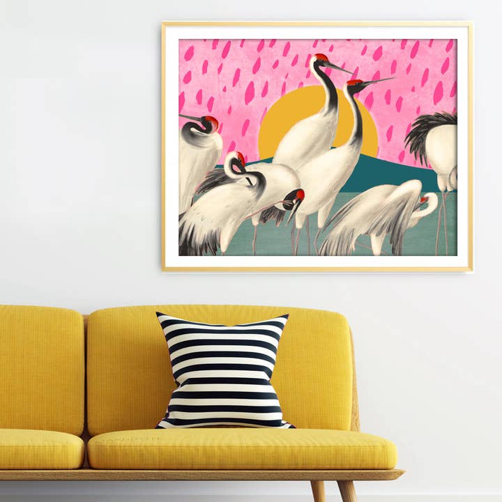 Sunset Cranes Maximalist farverigt kunsttryk for engroshandel hos Paper House Print Shop