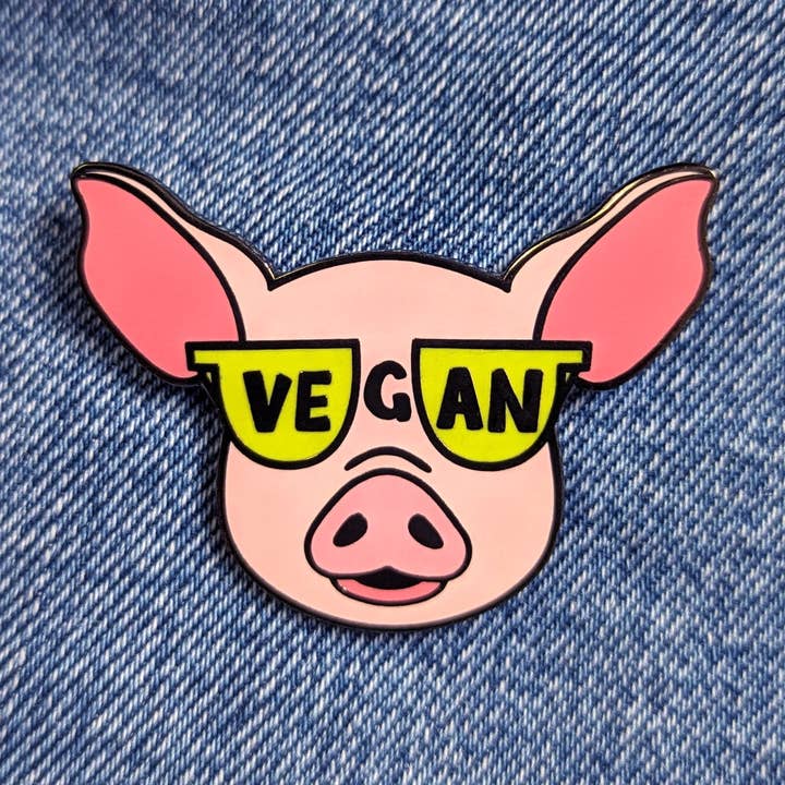 Vegan Pin – Pig with Sunglasses, Hard Enamel Lapel Pin for wholesale by LisetteArt Shop