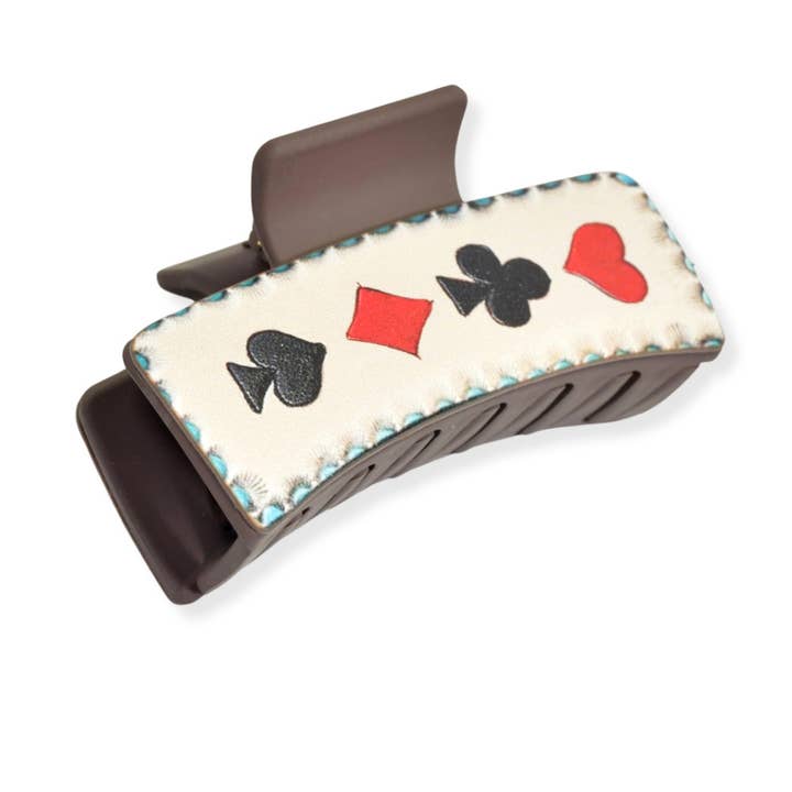 Poker card symbol print leather rectangular grander hair cla for wholesale by SOPHIA WHOLESALE