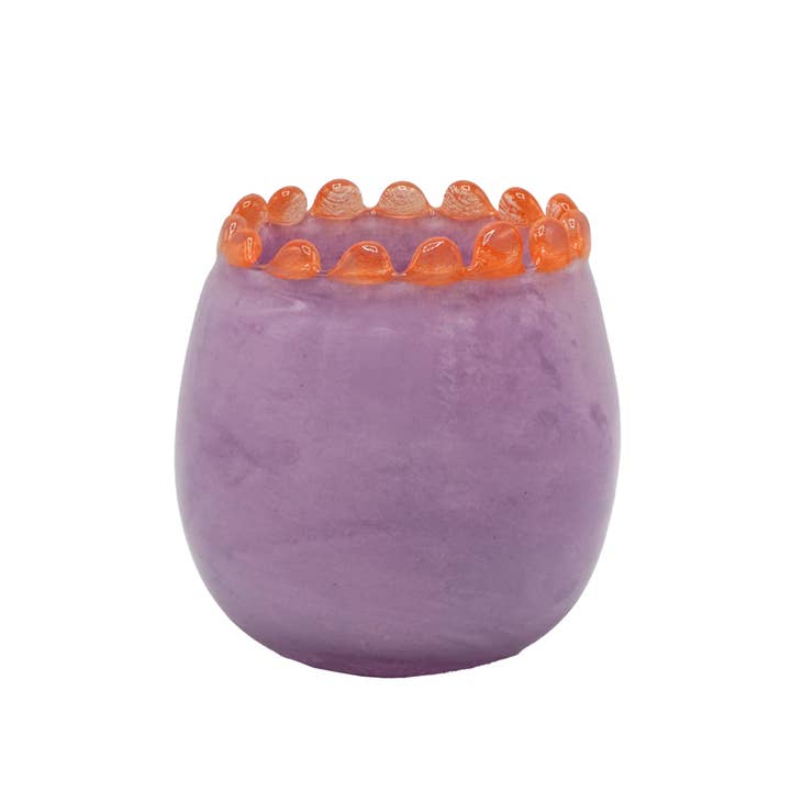 Jarrón redondo de vidrio soplado a boca con borde perlado melocotón y lila para venta al por mayor de Maison Lilo