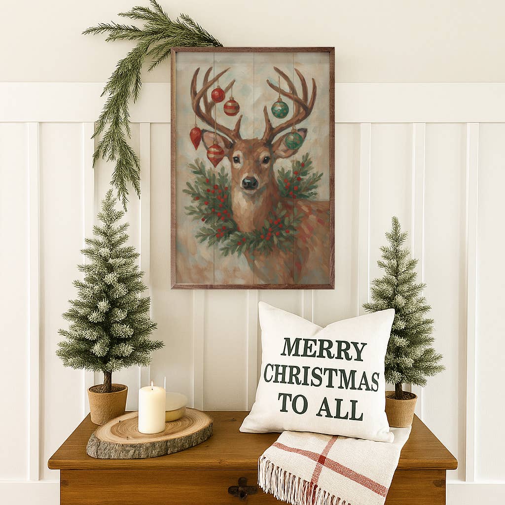 Kendrick Home - Wholesale Wood Wall Art - Christmas Whitetail Deer With Wreath1