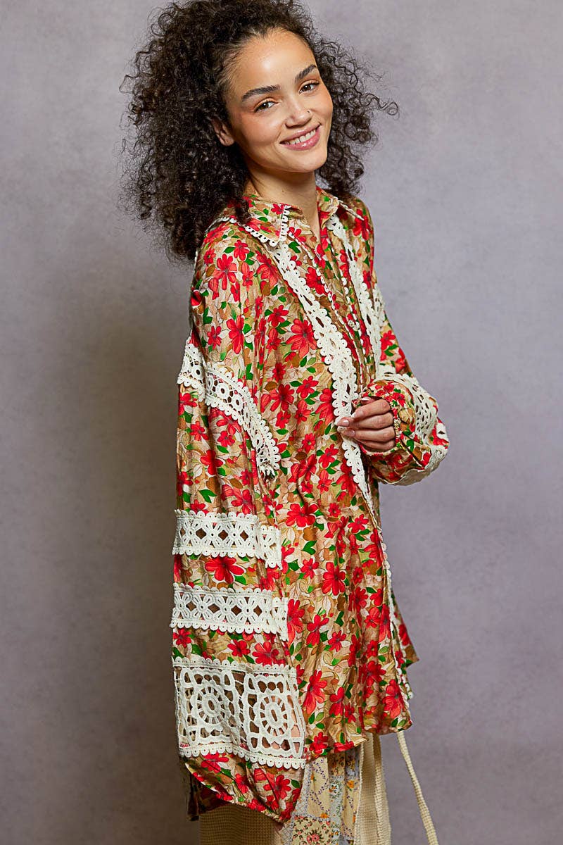 Pol Clothing - Wholesale Button Down Shirt - Women's - Balloon Sleeve Trim See-through Floral Printed Shirt Top7