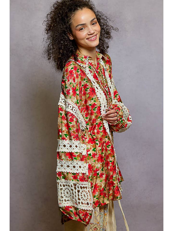 Pol Clothing - Wholesale Button Down Shirt - Women's - Balloon Sleeve Trim See-through Floral Printed Shirt Top7