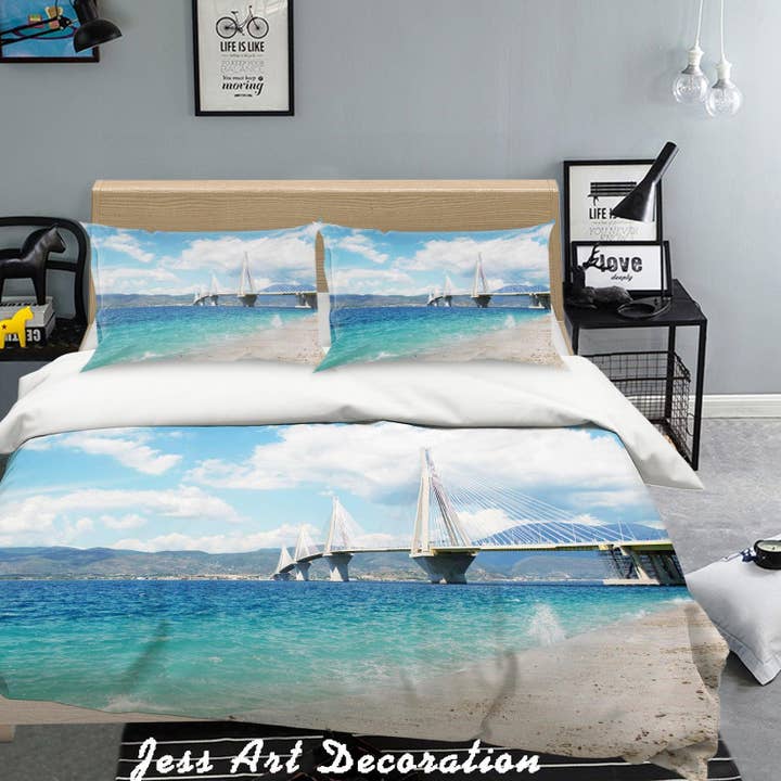 Parure de lit housse de couette paysage de bord de mer bleu 3D avec taies d'oreiller 72 pour la vente par Jess Art Decoration