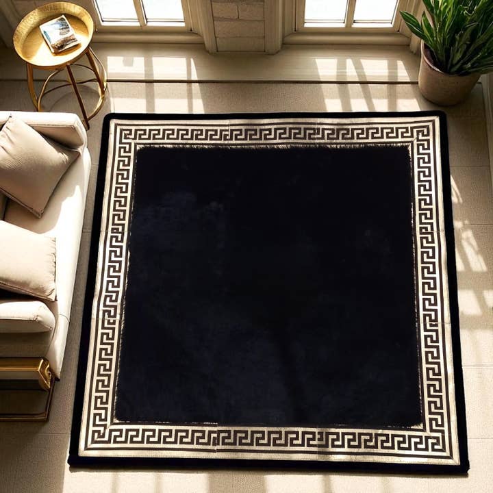 Black Square Plush Area Rug, Gold Detail Fluffy Carpet, Custom Size Available for wholesale by Karelias And Sons