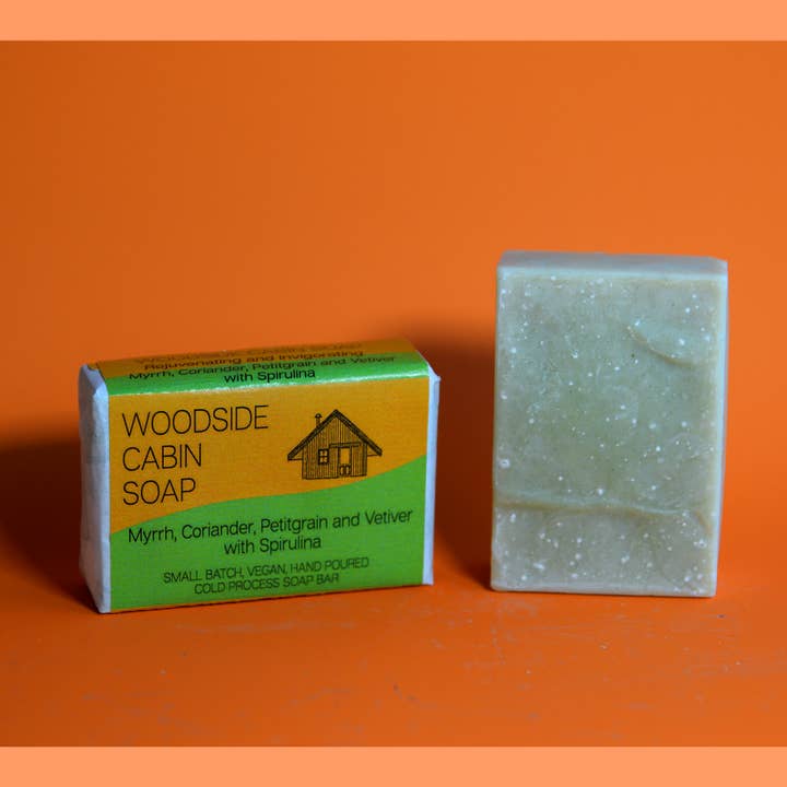 Coriander, Myrrh, Petitgrain and Vetiver with Spirulina for wholesale by Woodside Cabin Soap