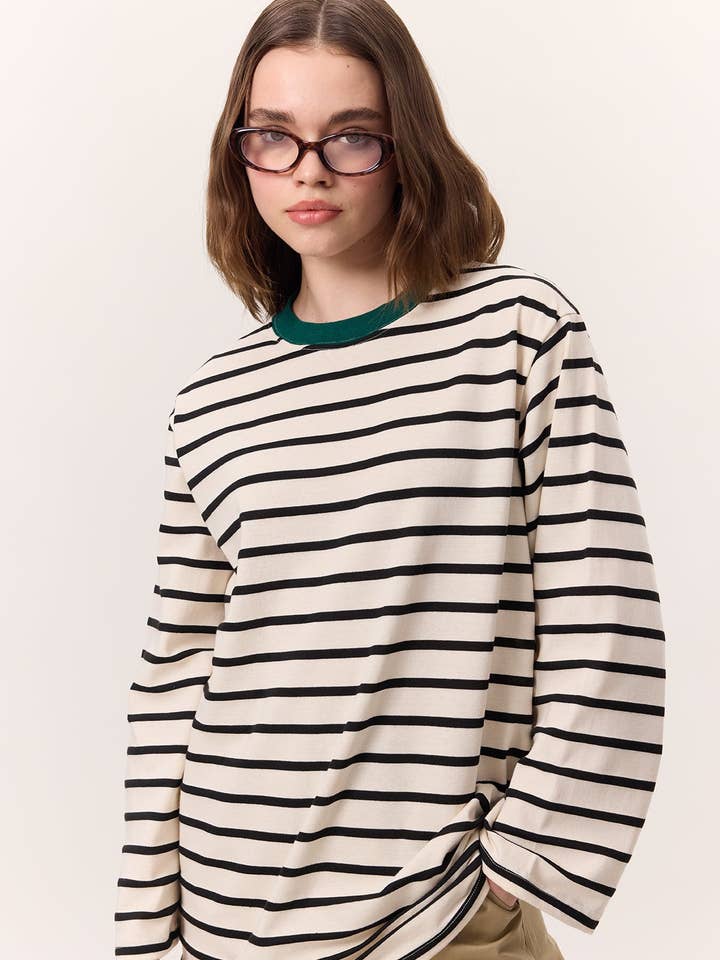 Striped Oversized Long Sleeve T-Shirt Black for wholesale by MANUKA