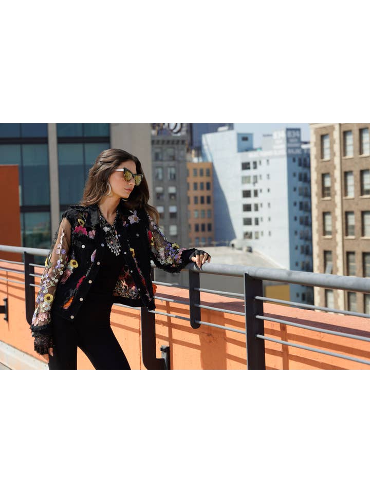 2406B Black Denim Lace Jacket with Floral Embroidery for wholesale on Faire