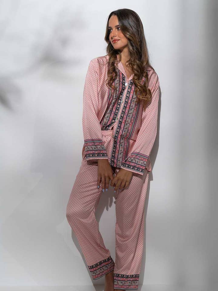 Tribal Sunrise Satin Pants Pyjama for wholesale by Mira Sleepwear