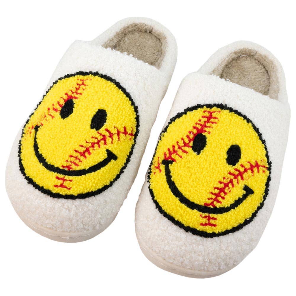 White Softball Happy Face Women's Slippers for wholesale on Faire1