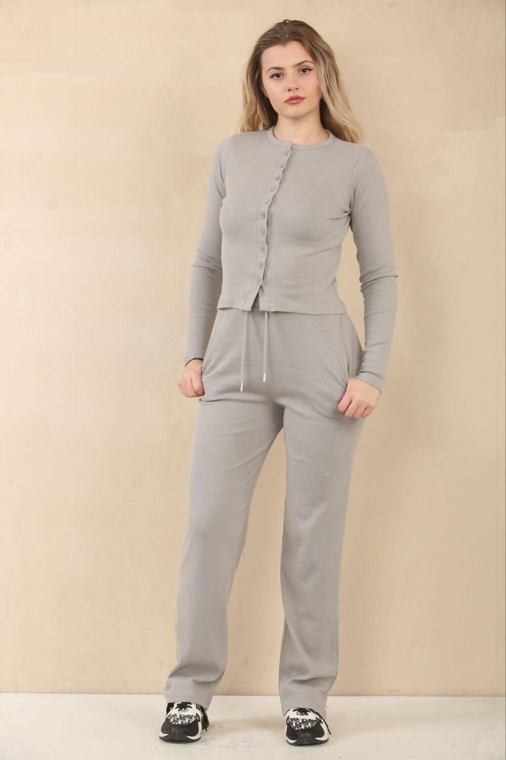 justyouroutfit - Wholesale Lounge Set - Women's - Ribbed Molly Button Through Top and Wide Leg Trousers4