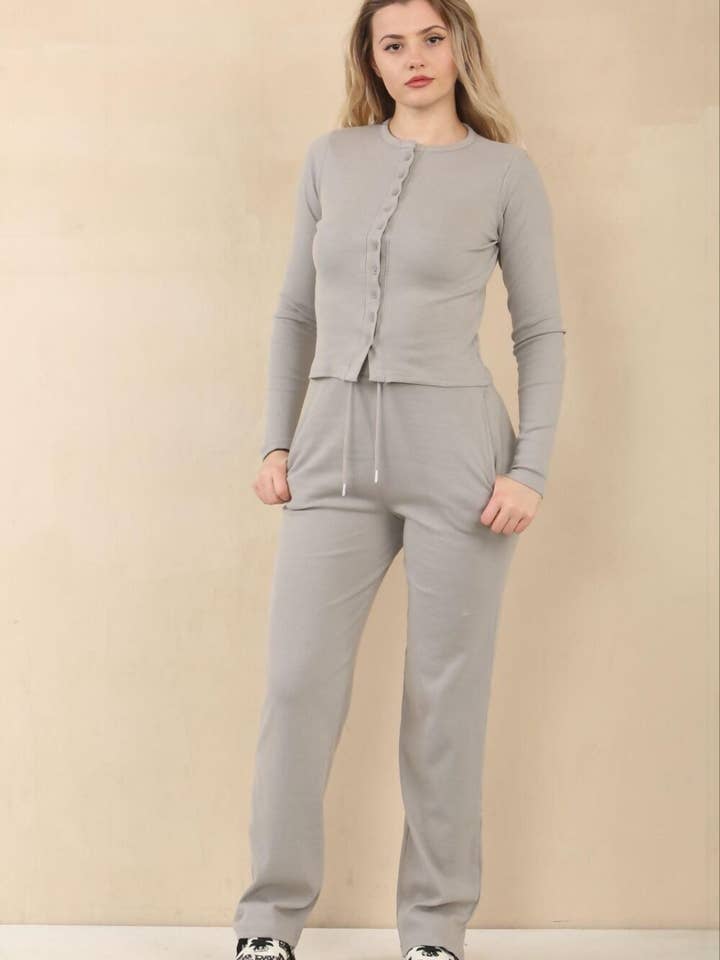 justyouroutfit - Wholesale Lounge Set - Women's - Ribbed Molly Button Through Top and Wide Leg Trousers4