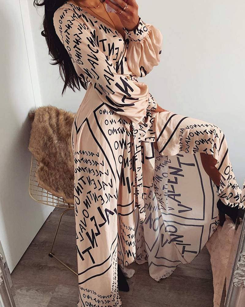 ABRIKOOS maxi-jurk met print met lantaarnmouwen met hoge split voor groothandel op Faire3