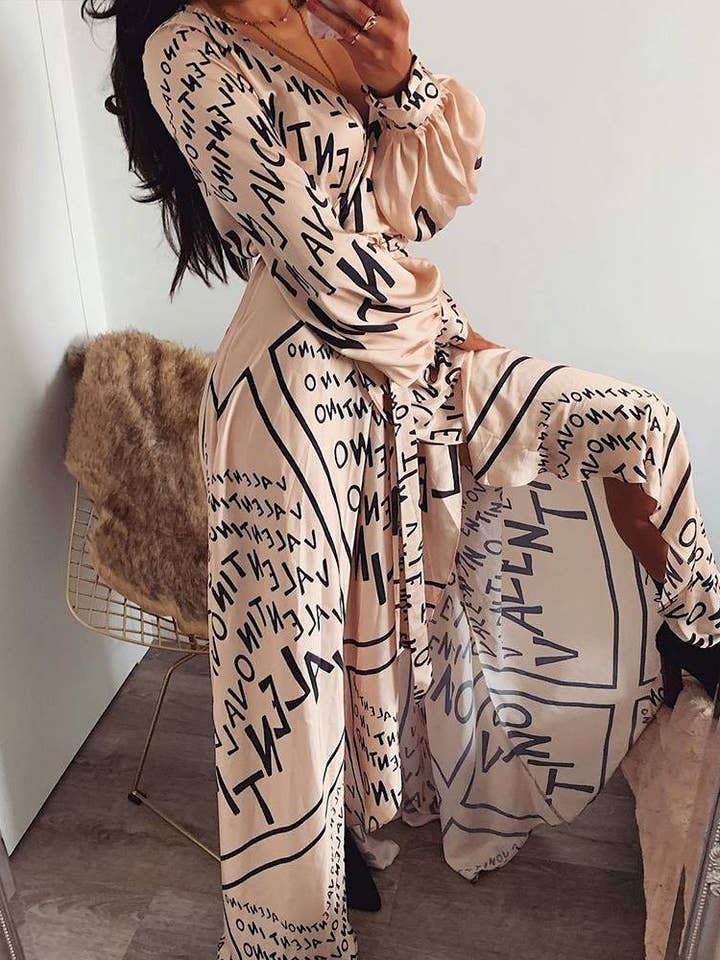 APRICOT letter print lantern sleeve high slit maxi dress for wholesale on Faire3