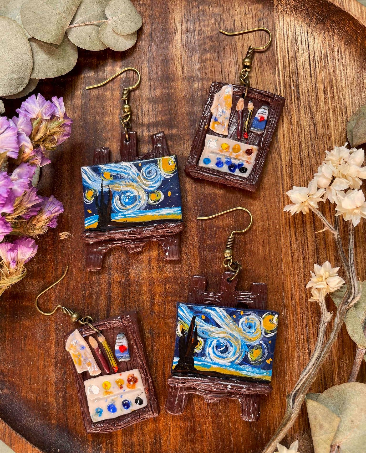 PrettySpookyDesigns - Vente Boucles d'oreilles pendantes - Boucles d'oreilles en pâte polymère - Nuit étoilée | Van Gogh Jewellery6