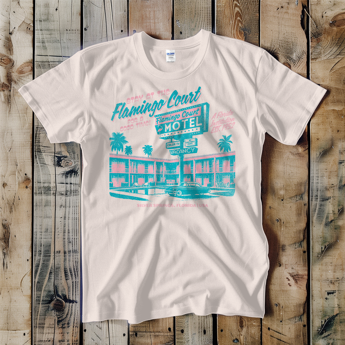Swift Retail - Wholesale T-Shirt (Graphic) - Unisex - Flamingo Court Motel Vintage Unisex Tee0