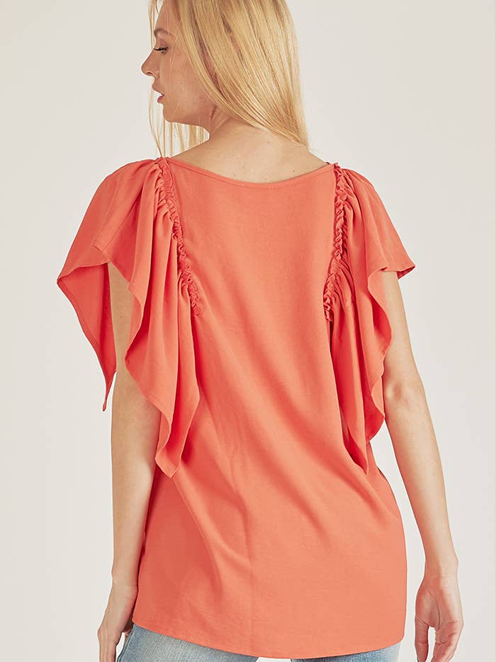 KORALLENROT SPT5209P - PLUS SOLID KURZES OBERTEIL MIT RÜSCHENÄRMELN UND LOCKERER PASSFORM für den Großhandel auf Faire5