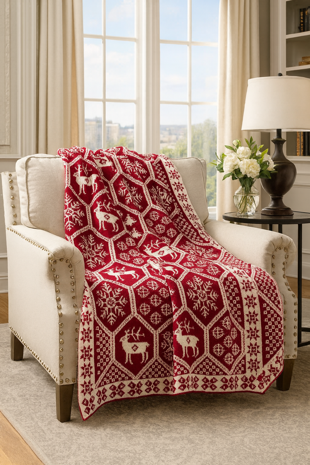 Fennco Styles - Vente Plaids - Couverture de Noël festive tricotée rouge-blanche1