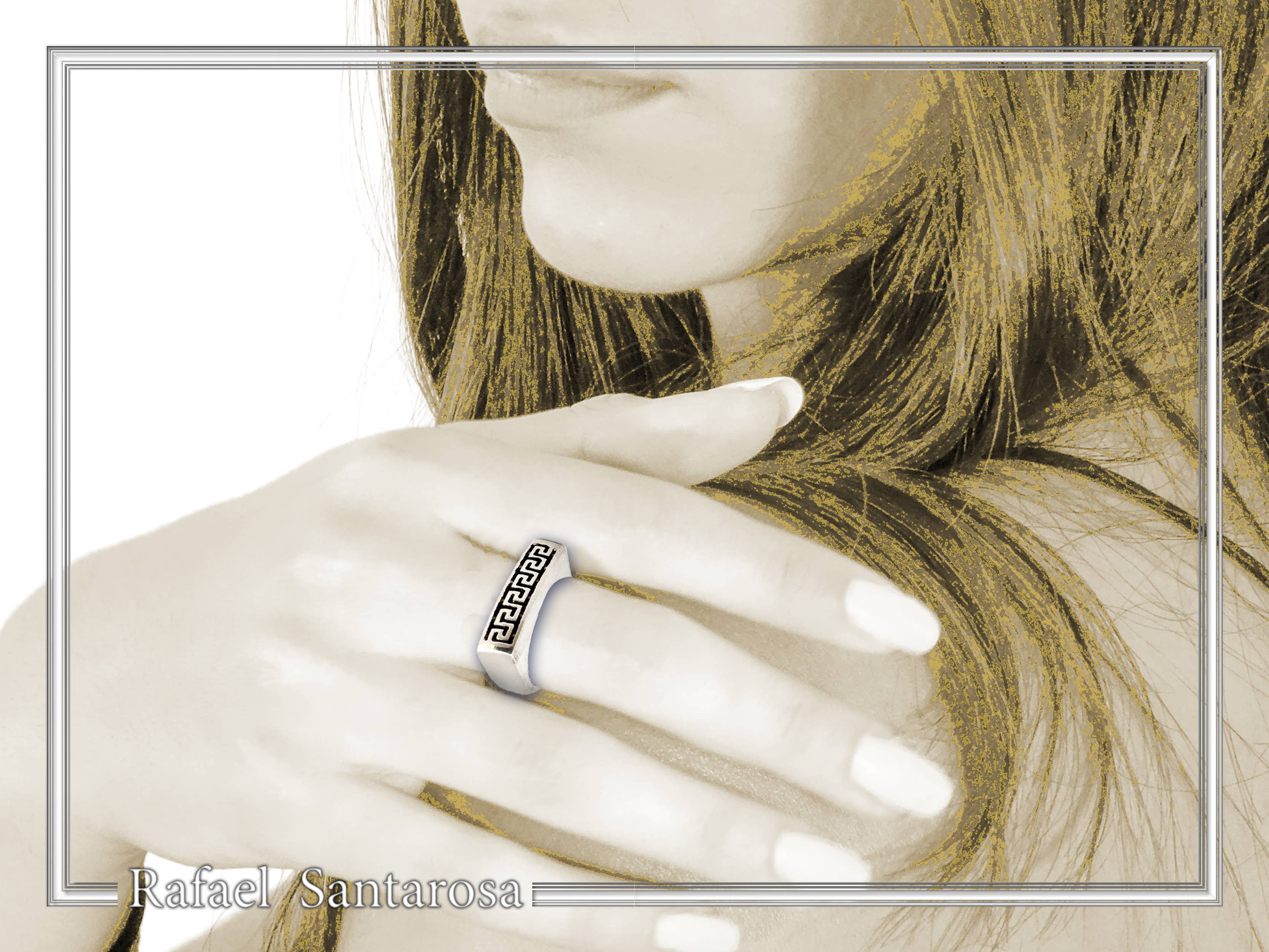 RAFAEL SANTAROSA - Venta al por mayor Anillo de banda/apilable - Anillo Meander con decoración en forma de llave griega sobre plata oxidada0