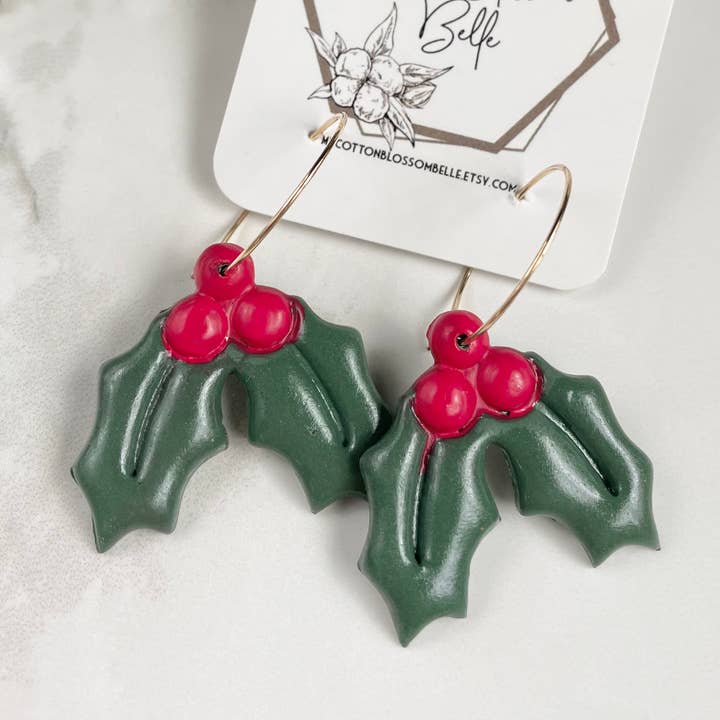 Holly Leaf & Berry Gold Hoop Clay Earrings for wholesale by My Cotton Blossom Belle