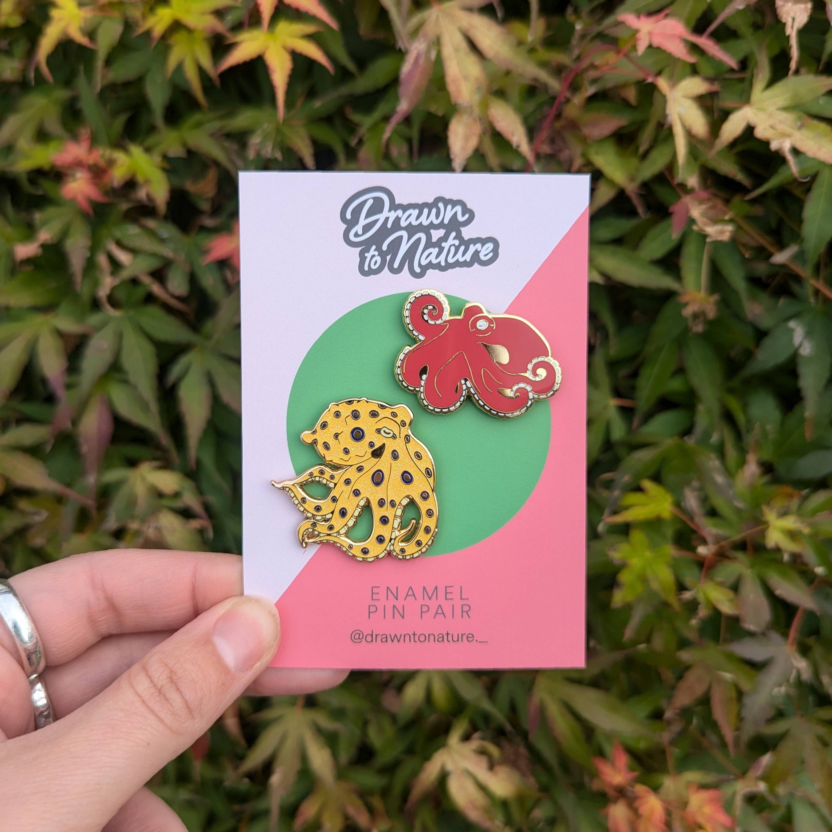 Drawn to Nature – wholesale Lapel pin/button – Octopus Enamel Pin Pair - Set of Pins3
