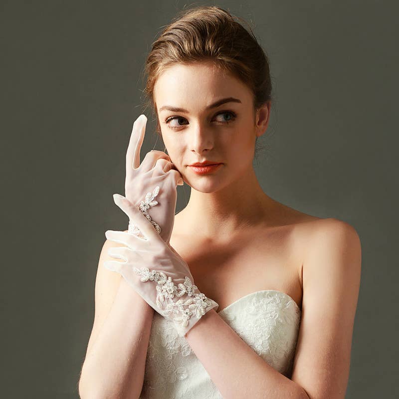 Floris Linens - Wholesale Gloves - Women's - Lace Sheer Nylon Ivory Gloves | White Wedding Gloves6