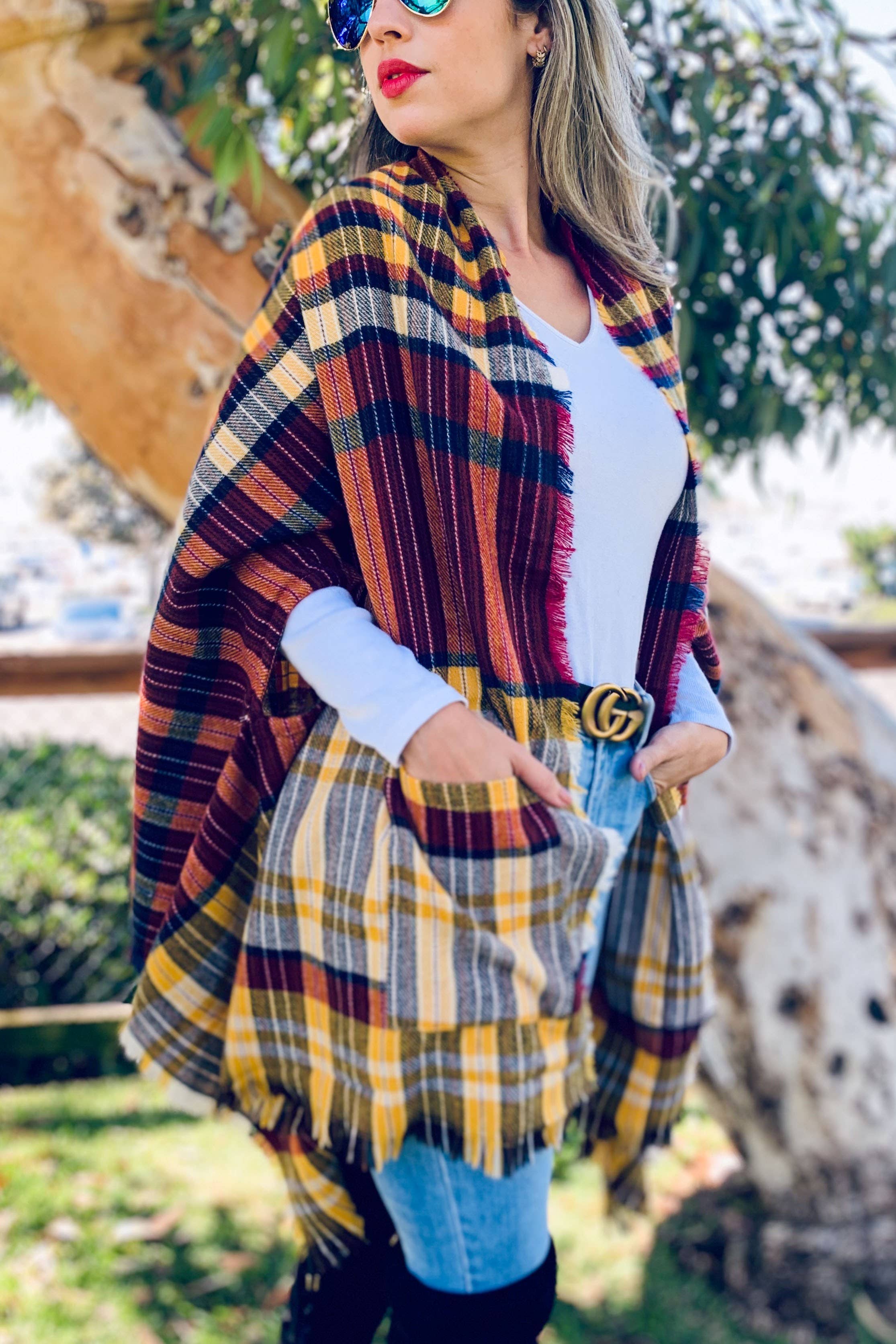 Mustard Plaid Knitted Shawl Scarf With Pocket for wholesale on Faire3