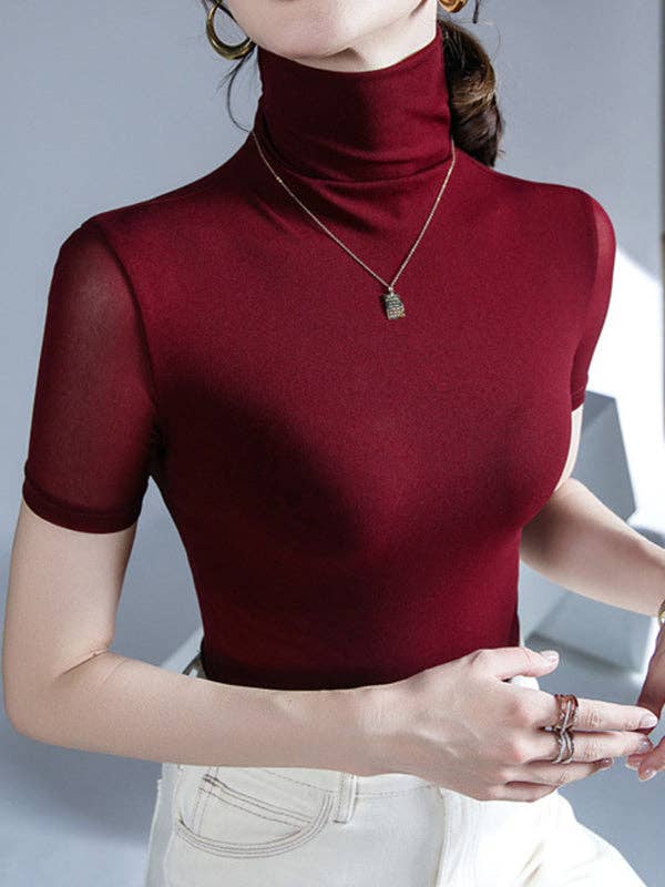 Mirazshoes WholeSale – Großhandel Strickoberteil – Damen – Halbärmelige, enge, einfarbige T-Shirts mit hohem Kragen8